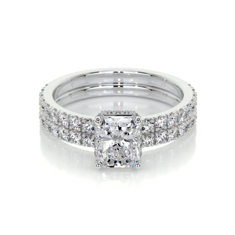 Radiant Cut Moissanite Hidden Halo Ring Set For Bridal