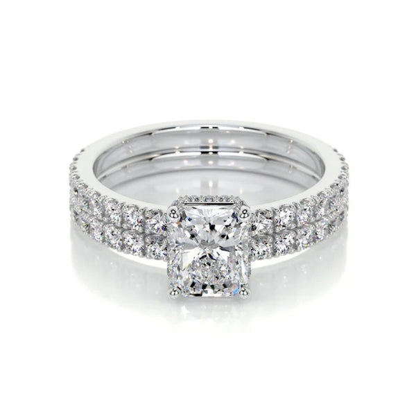 Radiant Cut Moissanite Hidden Halo Ring Set For Bridal