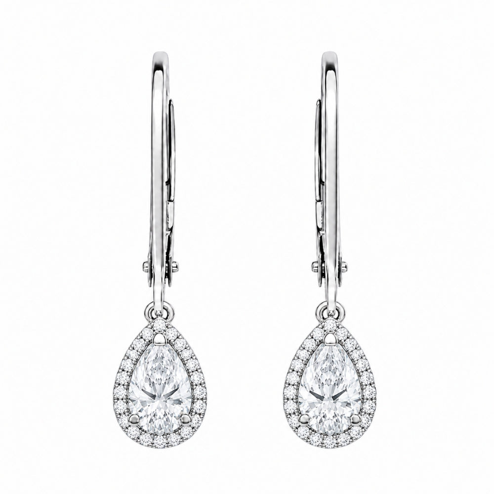 Pear Cut Halo Style Moissanite Classic Drop Dangle Earring