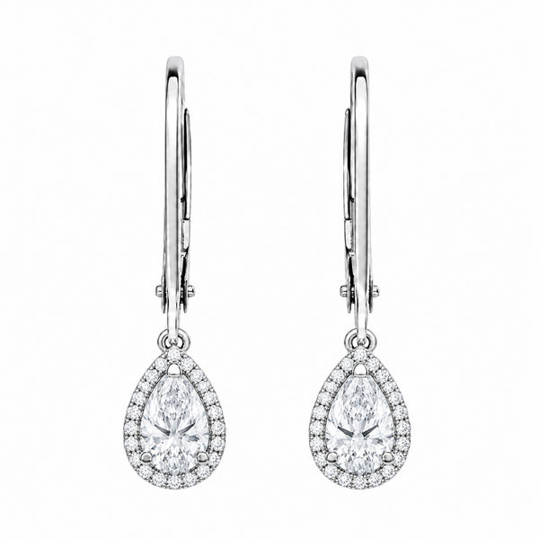 Pear Cut Halo Style Moissanite Classic Drop Dangle Earring