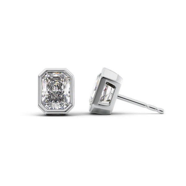 Solitaire Bezel Set Radiant Cut Moissanite Diamond Earrings