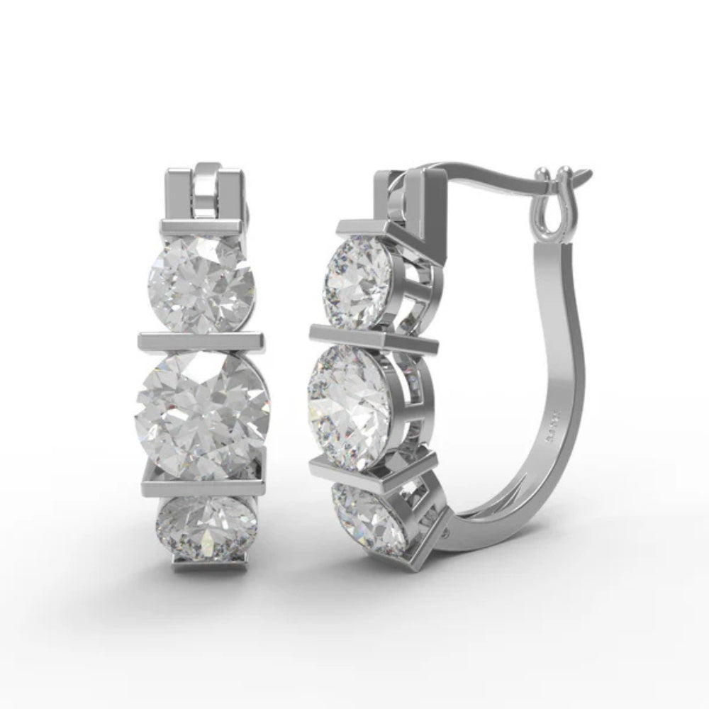 Round Cut Three Stone Moissanite Hoop Earrings