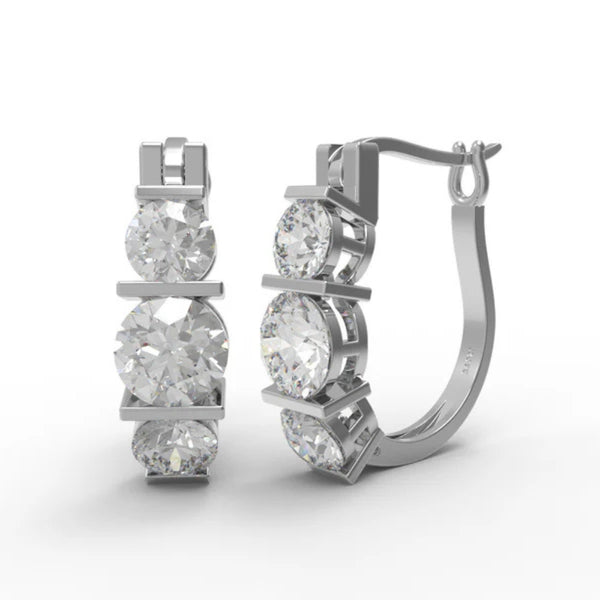 Round Cut Three Stone Moissanite Hoop Earrings