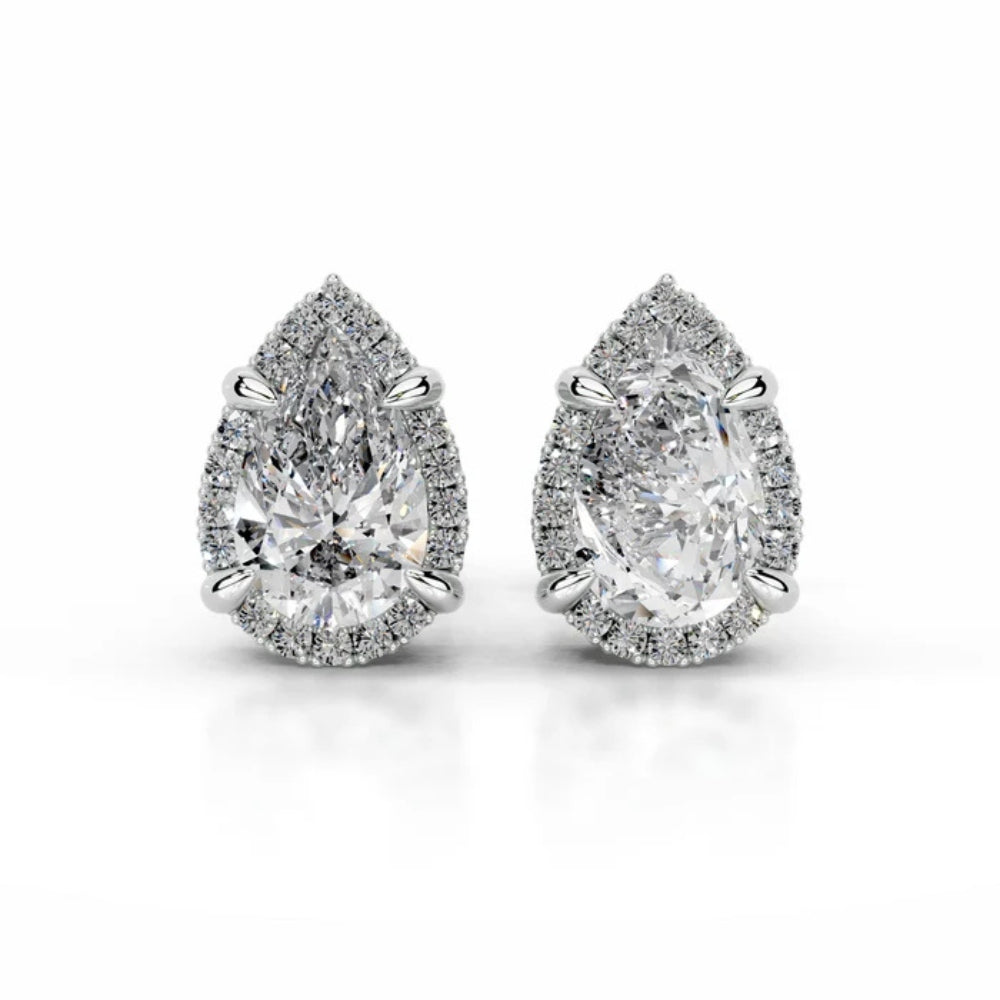 Pear Cut Moissanite Hidden Halo Style Stud Earring