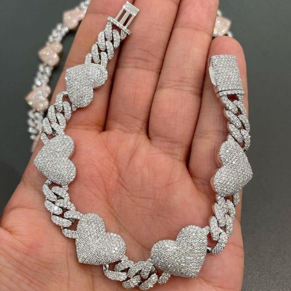Lab Grown Diamond Round Cut Heart Cuban Link Chain