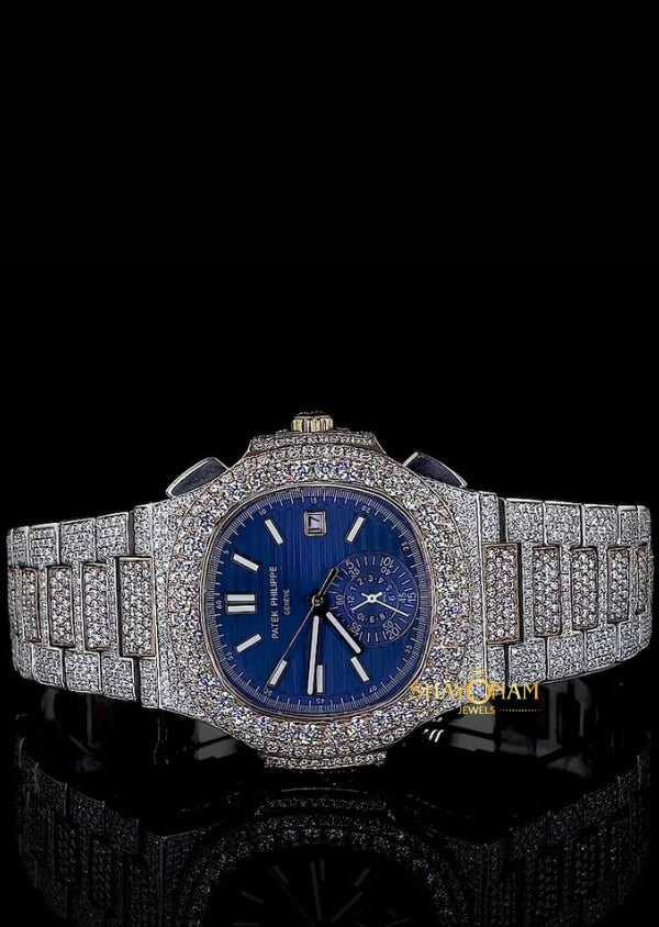 Iced Out Moissanite Dual Tone Blue Dial Hip Hop Watches