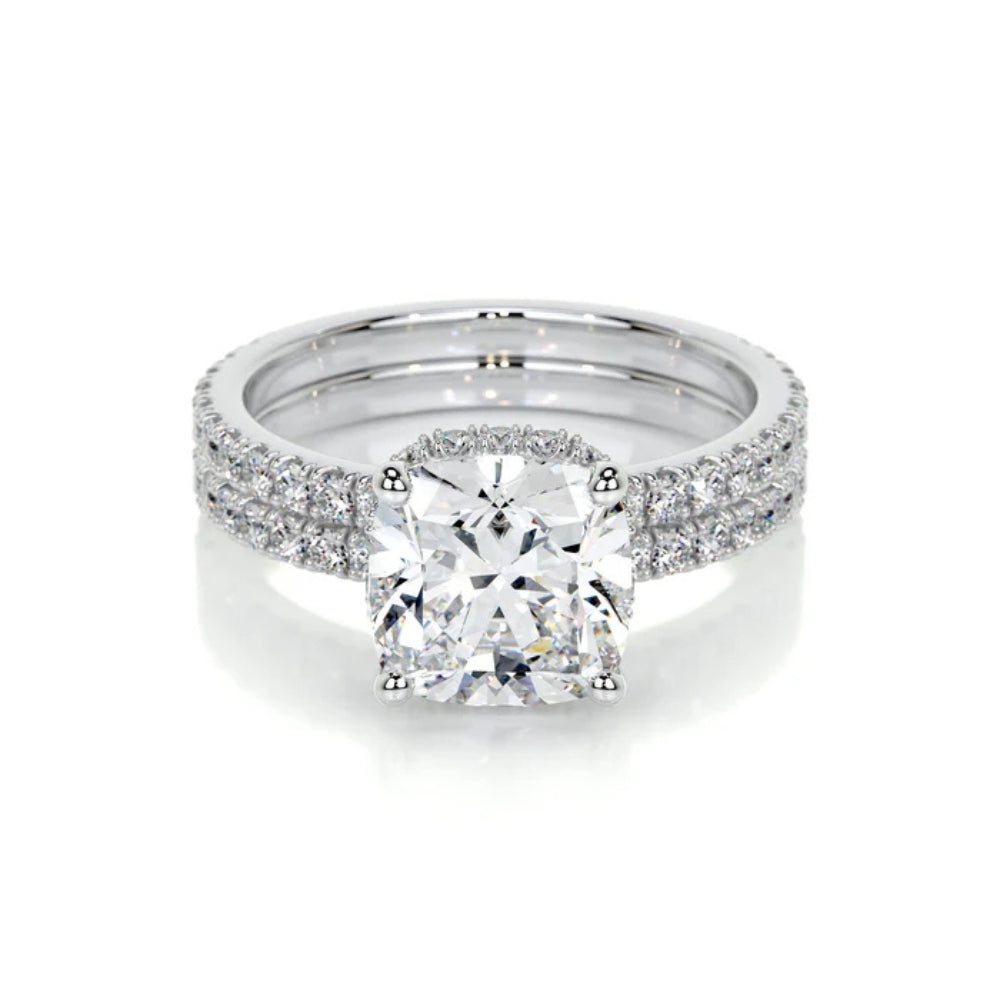 Cushion Cut Moissanite Hidden Halo Wedding Ring Set