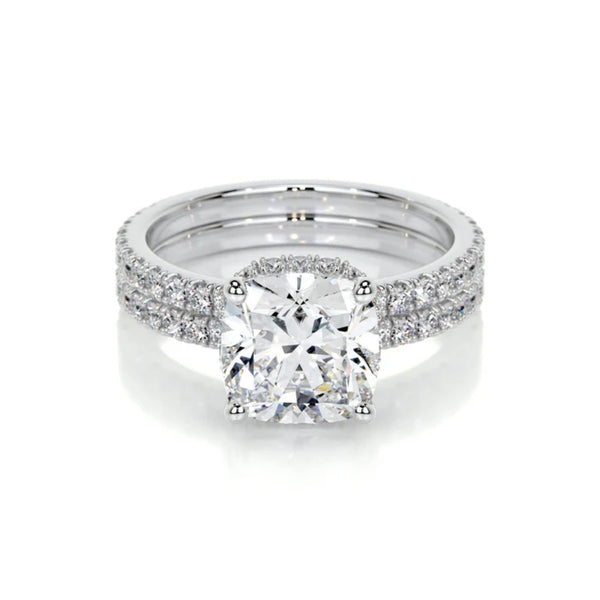 Cushion Cut Moissanite Hidden Halo Wedding Ring Set