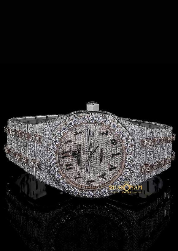 Dual Tone Moissanite Diamond Iced Out Arabic Dial Watch For Him