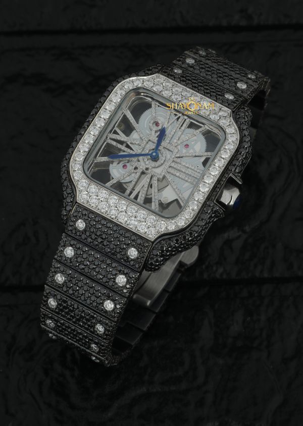 Black Moissanite Diamond Iced Out Skeleton Watch