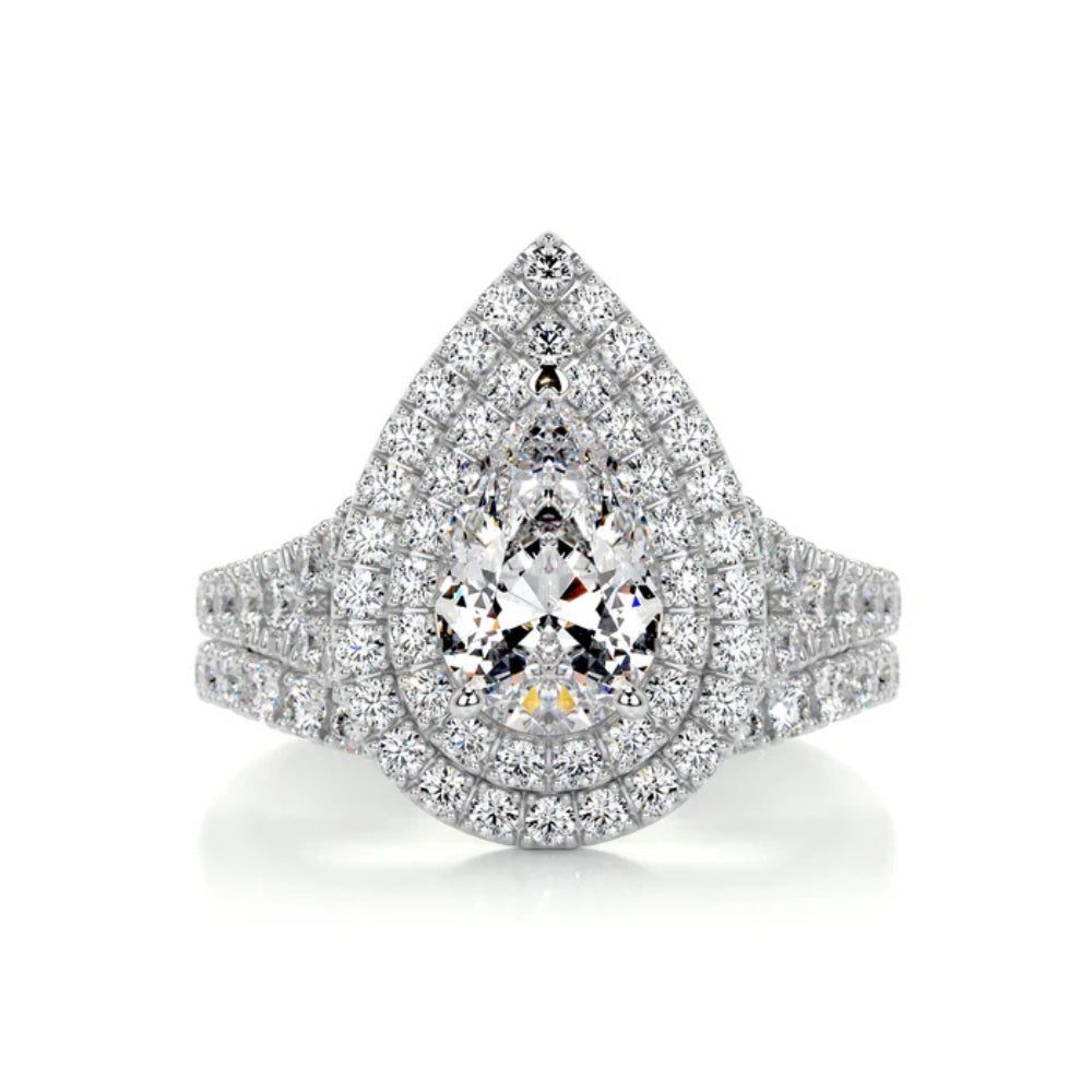 Pear Cut Moissanite Double Halo Style Wedding Ring Set For Her