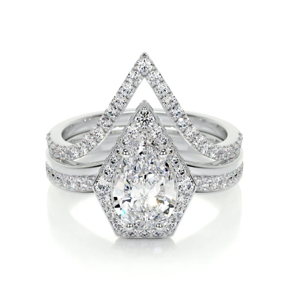 Pear Cut Moissanite Hidden Halo Ring Set For Bridal