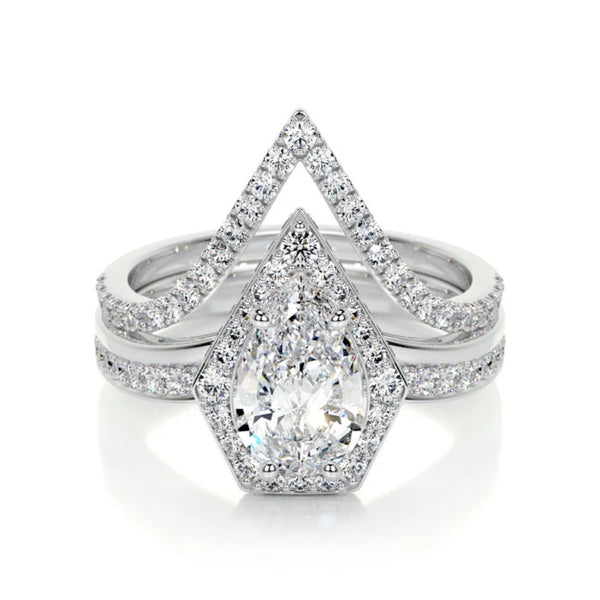 Pear Cut Moissanite Hidden Halo Ring Set For Bridal
