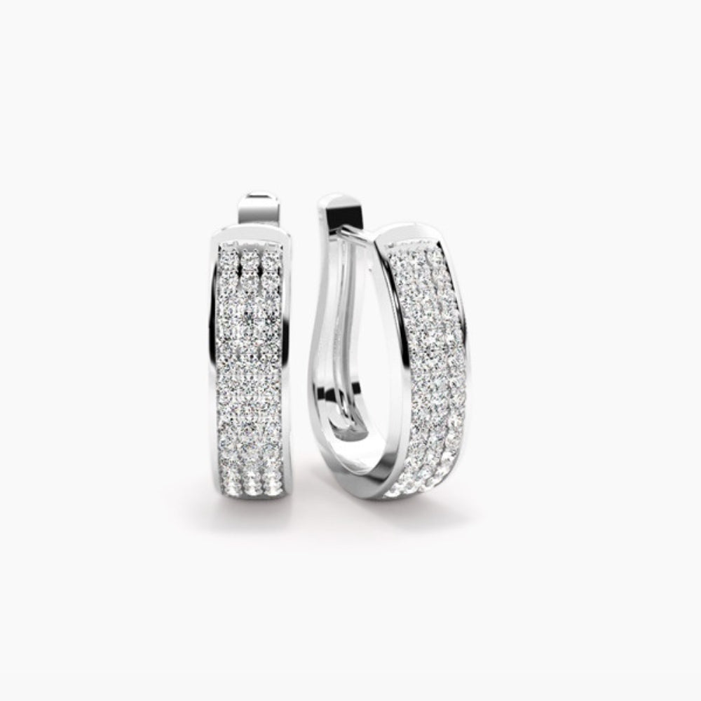 Moissanite Round Cut Three Row Pave Set Hoop Earrings