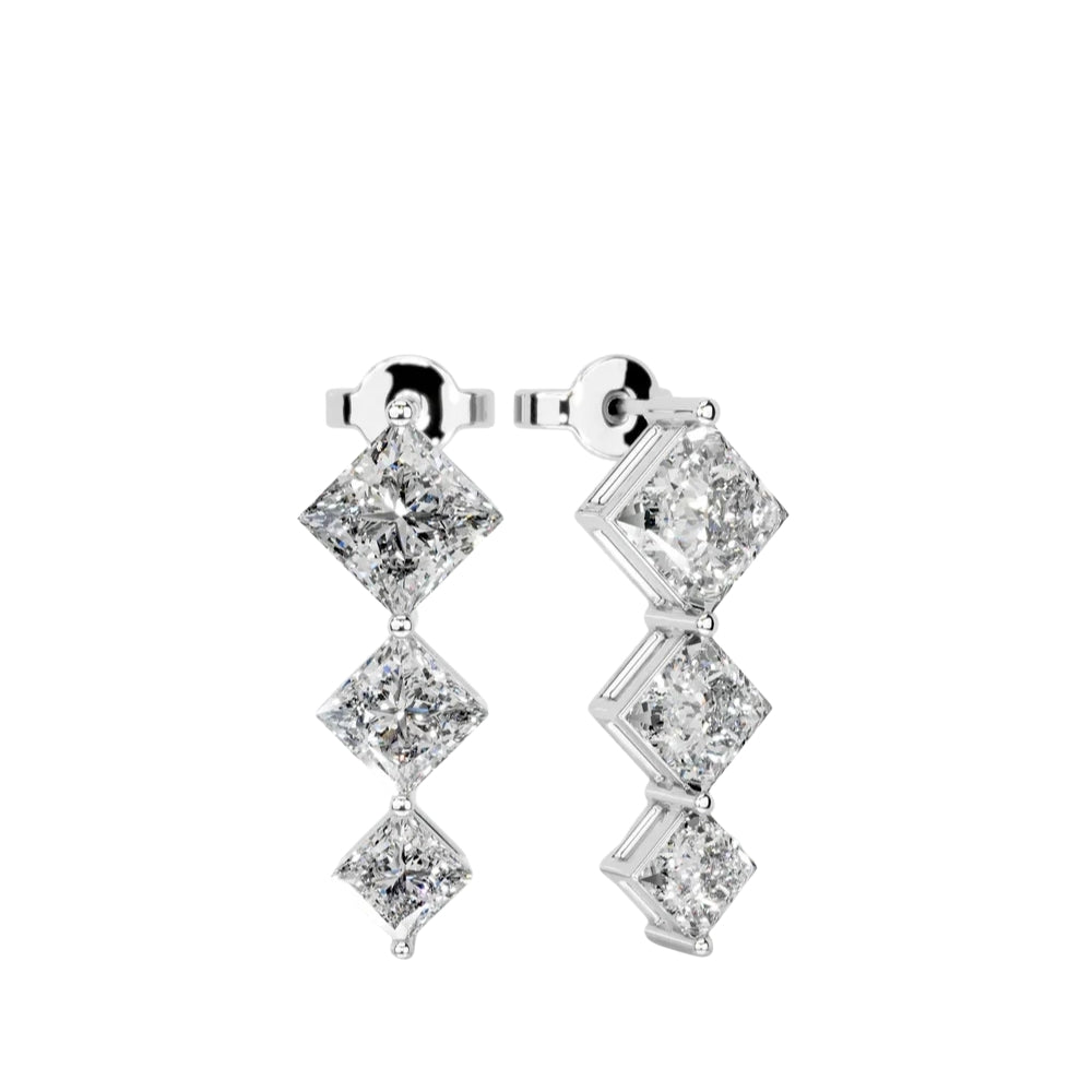 Colorless Moissanite Princess Cut Three Stone Drop Dangle Earrings