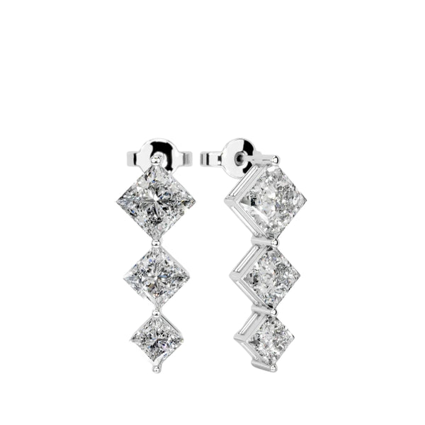 Colorless Moissanite Princess Cut Three Stone Drop Dangle Earrings