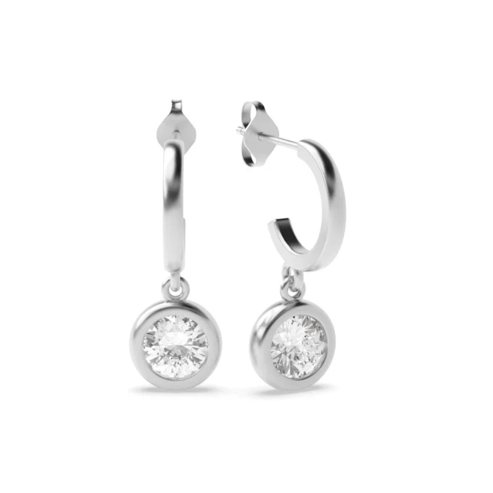 Round Cut Moissanite Bezel Drop Hoop Earrings in 14K White Gold