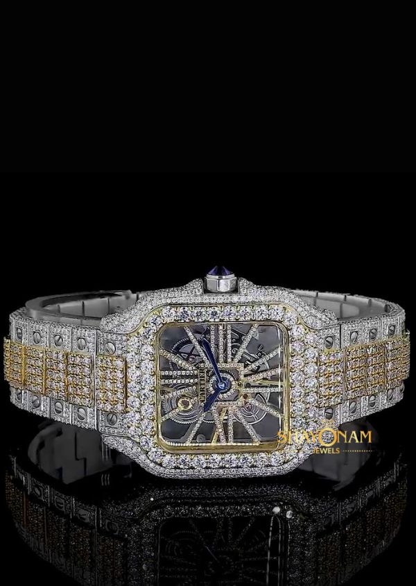 Iced Out Moissanite Diamond Dual Tone Skeleton Wrist Watch