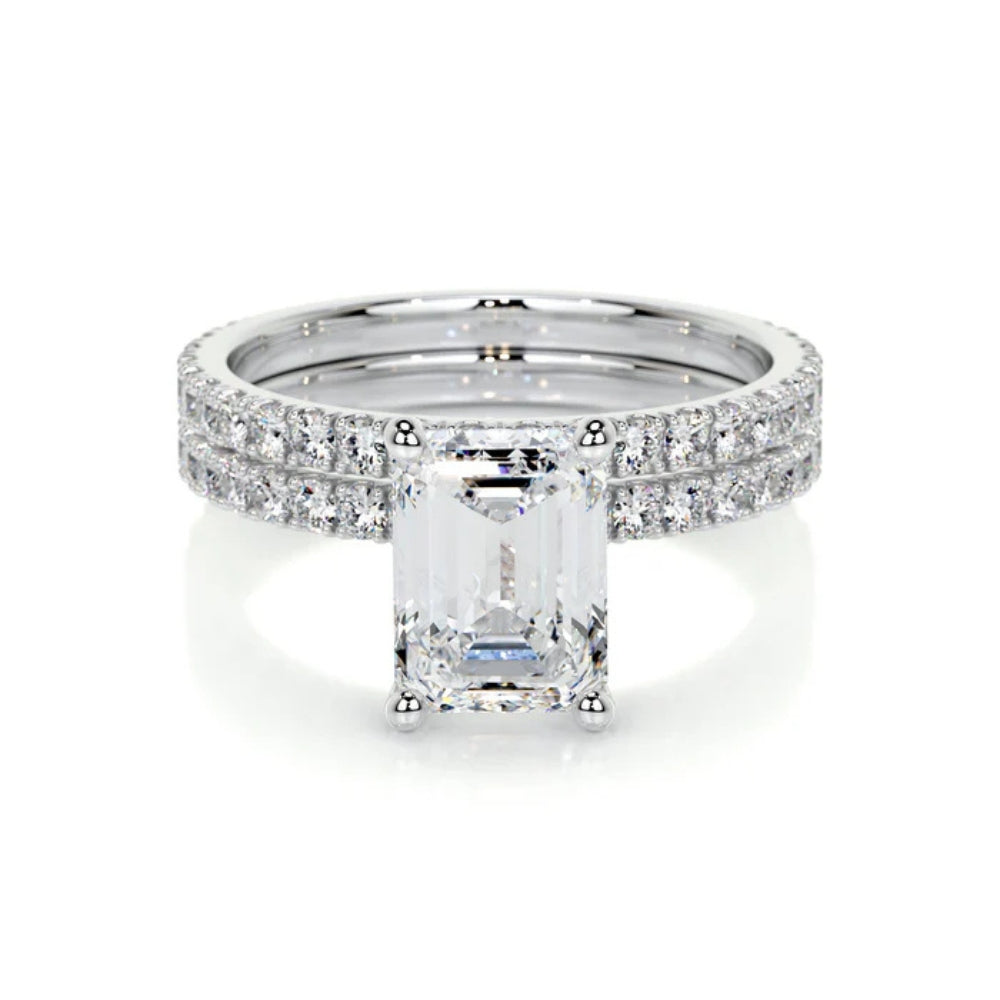 Emerald Cut Pave Set Colorless Moissanite Wedding Ring Set