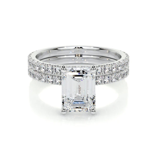 Emerald Cut Pave Set Colorless Moissanite Wedding Ring Set