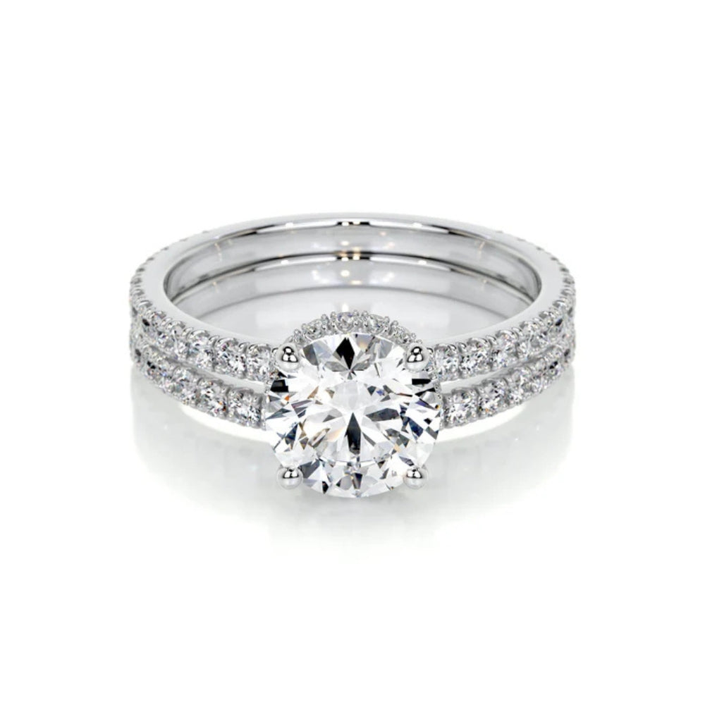 Moissanite Round Cut Hidden Halo Ring Set For Wdding