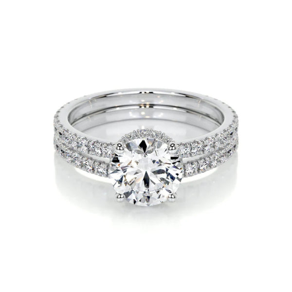 Moissanite Round Cut Hidden Halo Ring Set For Wdding