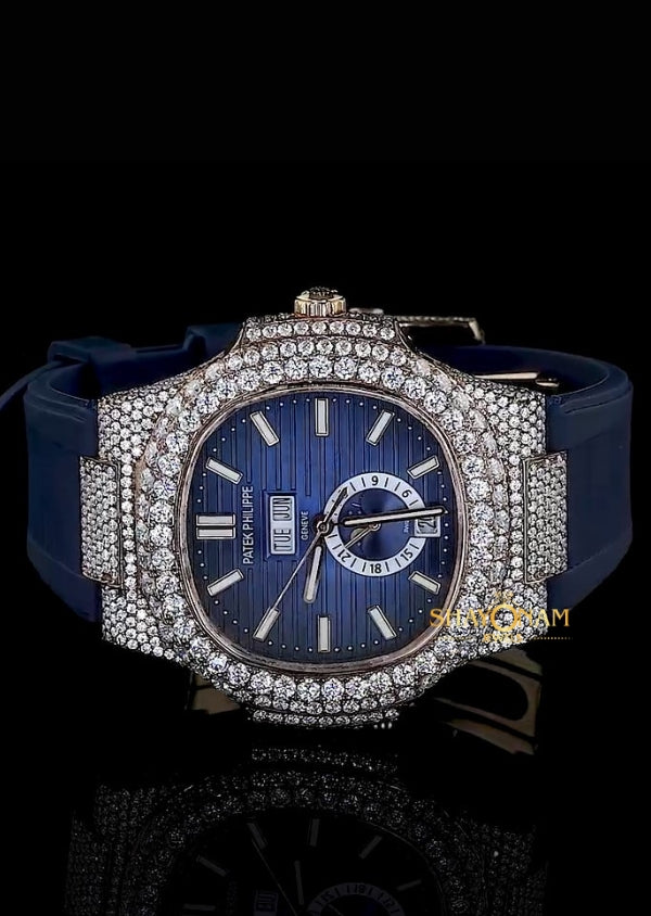 Blue Dial Iced Out Moissanite Rubber Strap Men's Watch