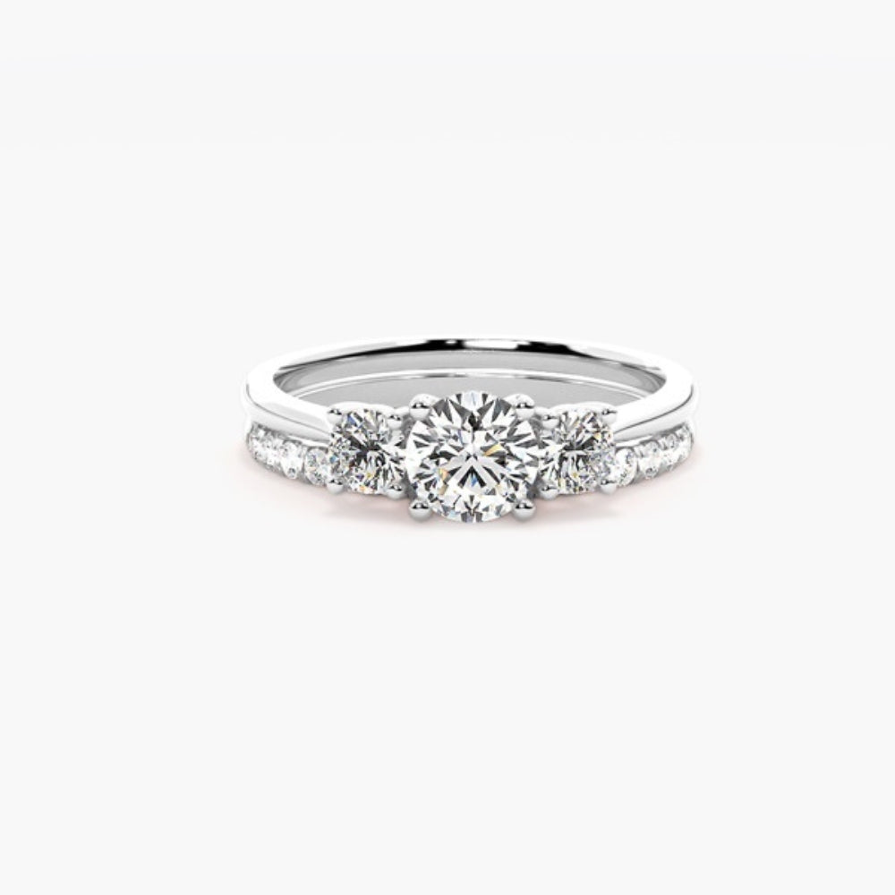 Round Cut Moissanite Three Stone Ring Set For Wedding