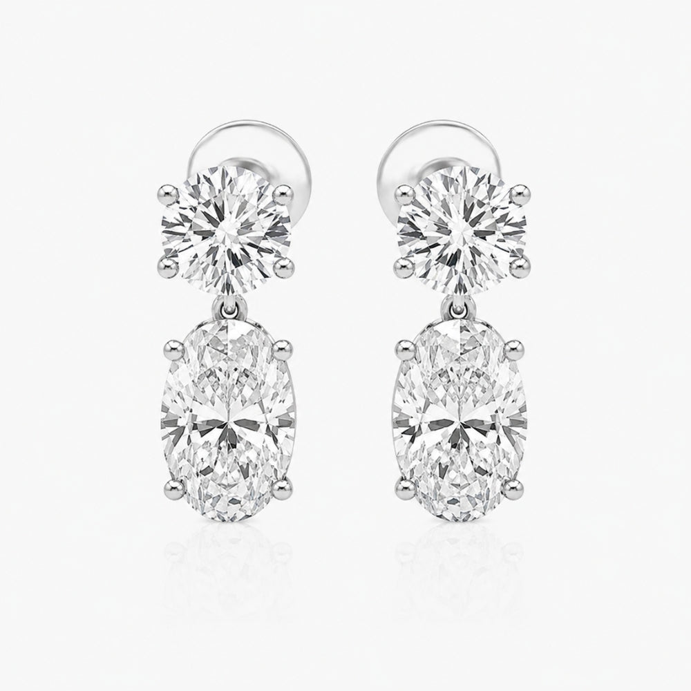 Oval Cut & Round Cut Moissanite 4 Prong Drop Earrings