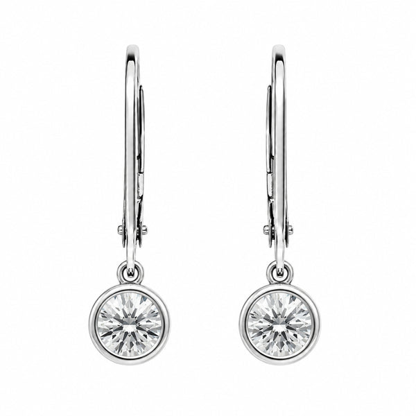 Round Cut Moissanite Bezel Set Drop Dangle Earrings