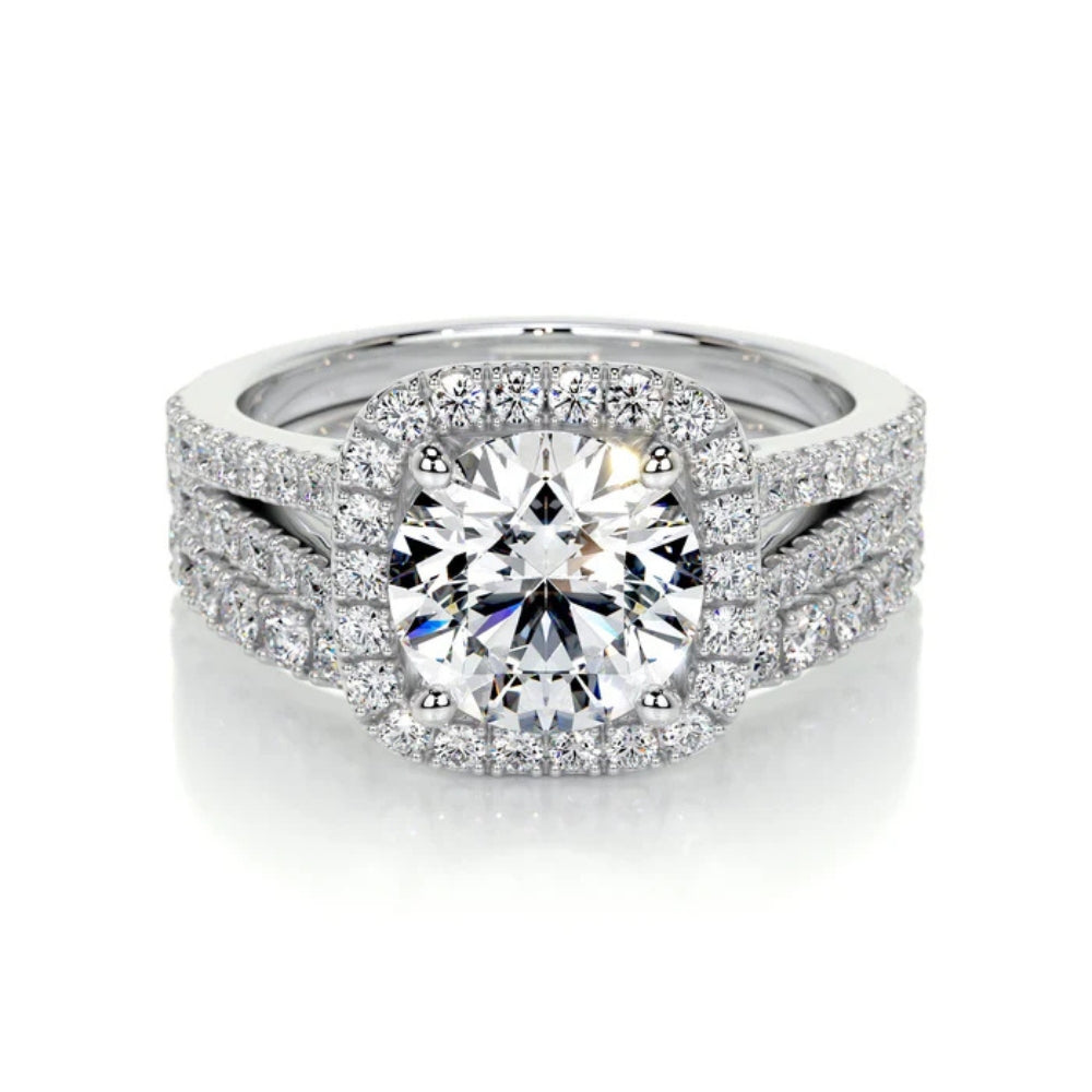 Round Cut Moissanite Halo Style Ring Set For Bridal