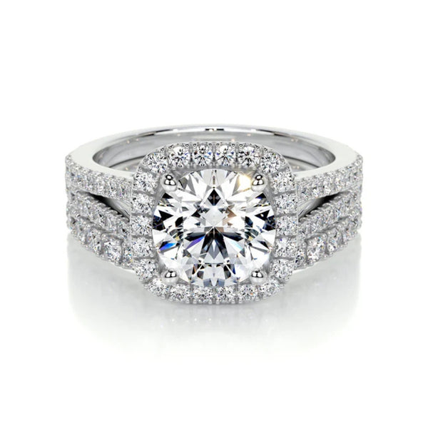 Round Cut Moissanite Halo Style Ring Set For Bridal