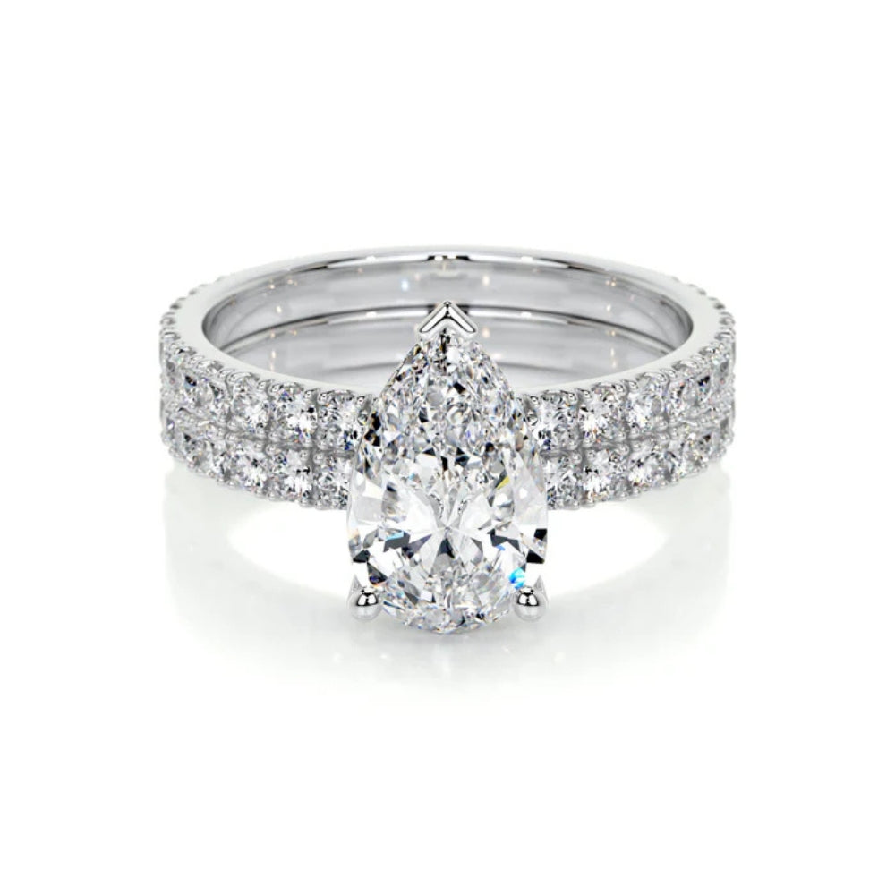 Colorless Moissanite Pear Cut Pave Set Wedding Ring Set