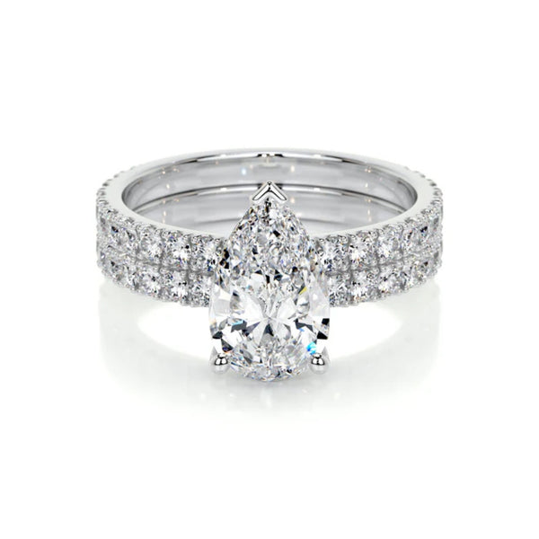 Colorless Moissanite Pear Cut Pave Set Wedding Ring Set