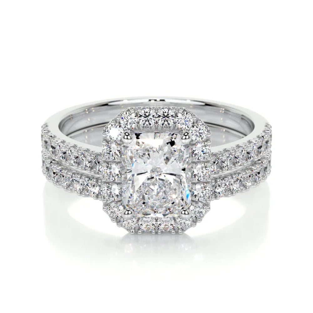 Radiant Cut Moissanite Halo Style Bridal Ring Set