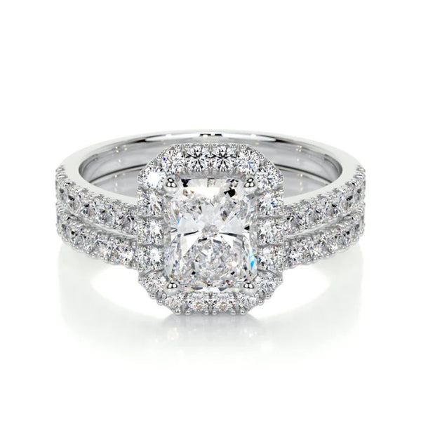 Radiant Cut Moissanite Halo Style Bridal Ring Set