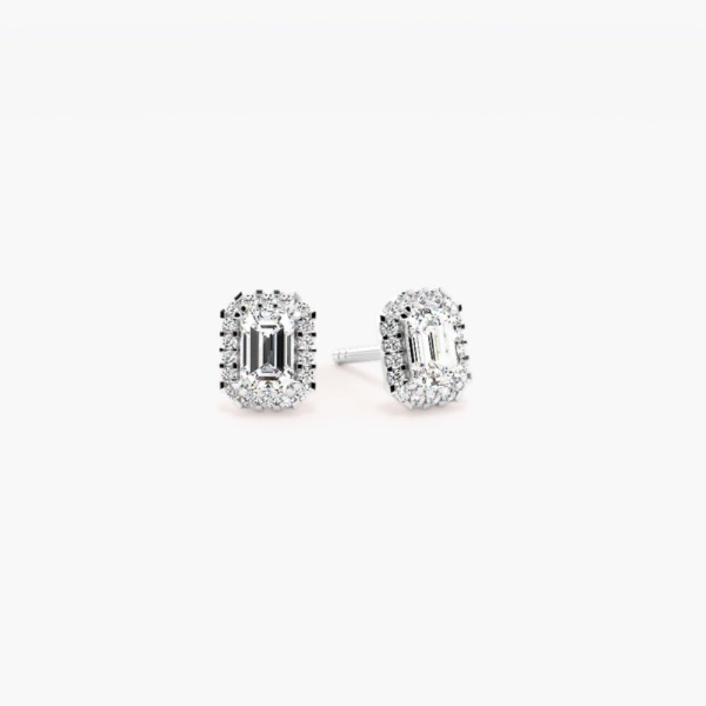 Emerald Cut Moissanite Halo Style Stud Earring