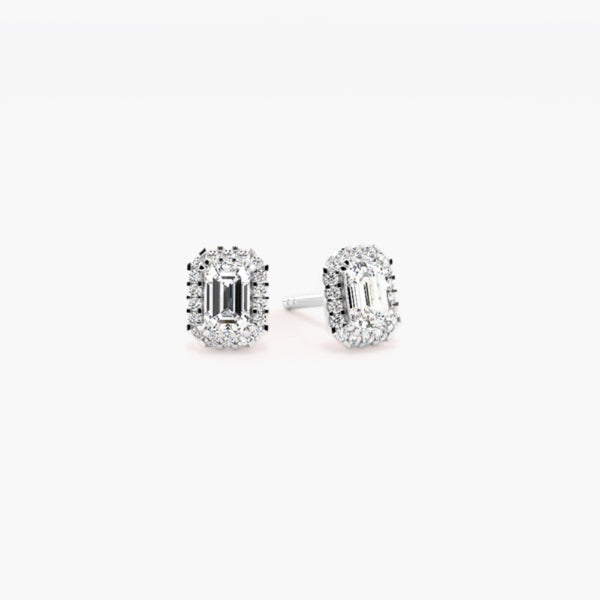 Emerald Cut Moissanite Halo Style Stud Earring
