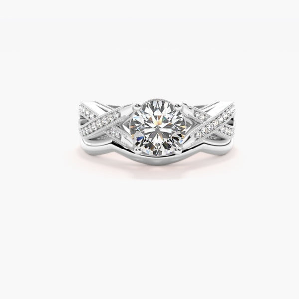 Round Cut Moissanite Hidden Halo Wedding Ring Set
