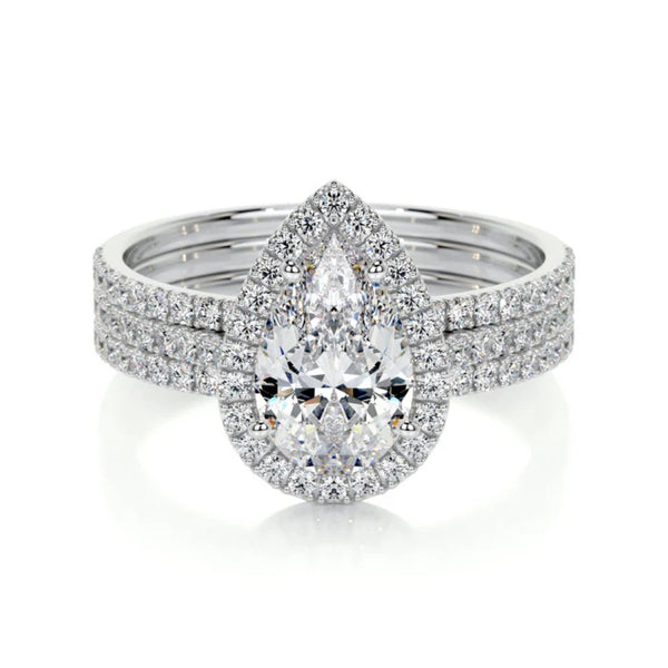 Pear Cut Halo Style Moissanite Bridal Ring Set