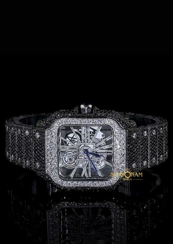 White & Black Moissanite Iced Out Skeleton Watch For Men's