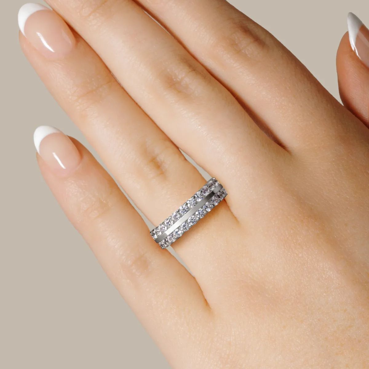 Round Cut Moissanite Double Row Wedding Band