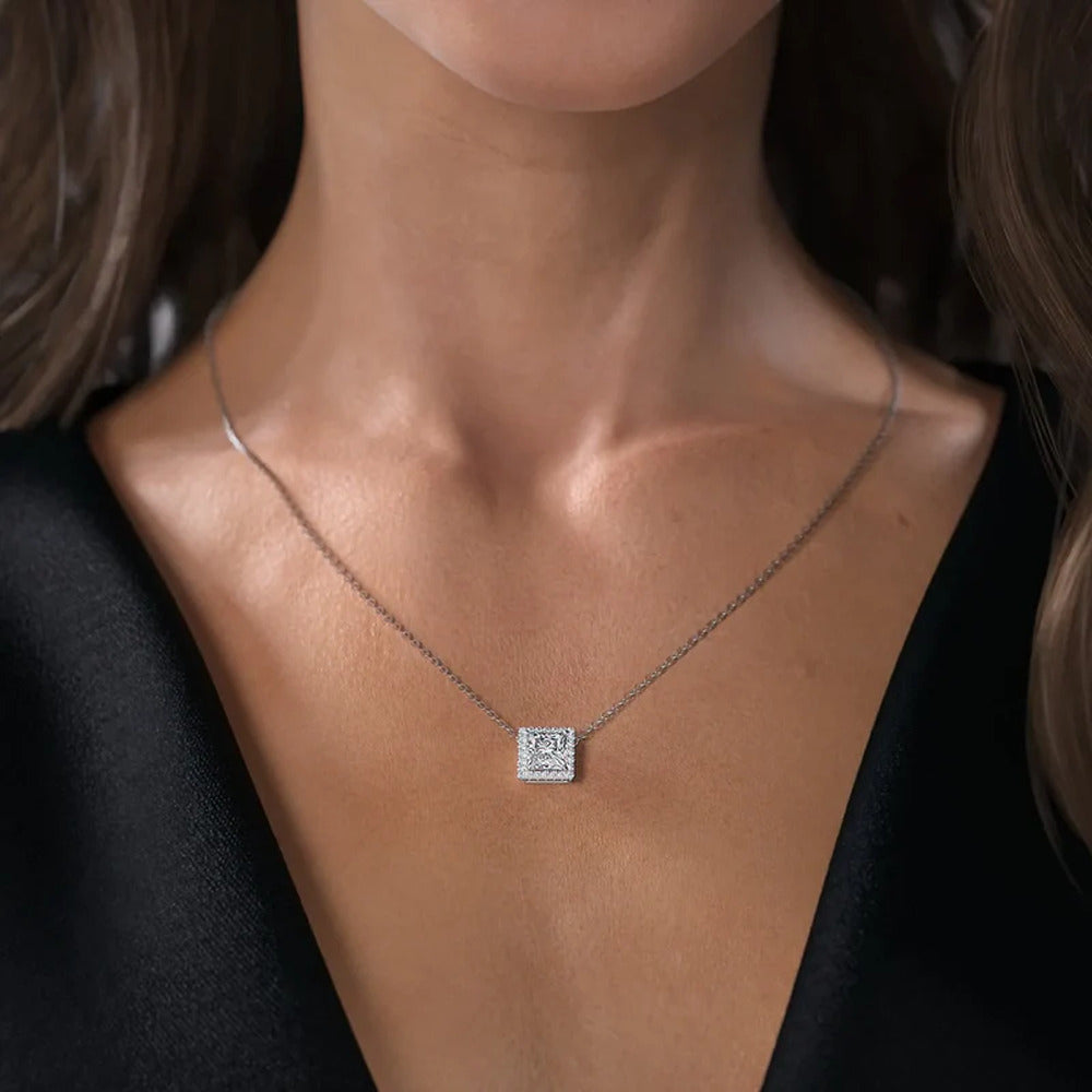 Princess Cut Moissanite Halo Pendant For Women