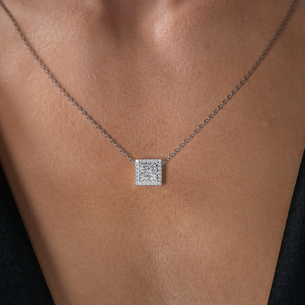 Princess Cut Moissanite Halo Pendant For Women