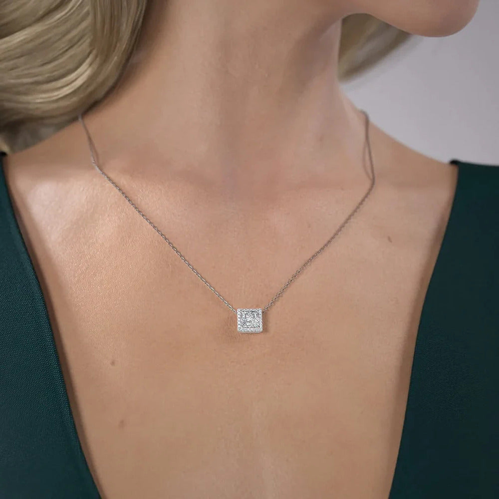 Princess Cut Moissanite Halo Pendant For Women