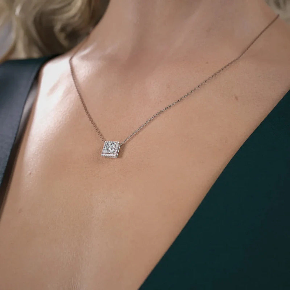 Princess Cut Moissanite Halo Pendant For Women