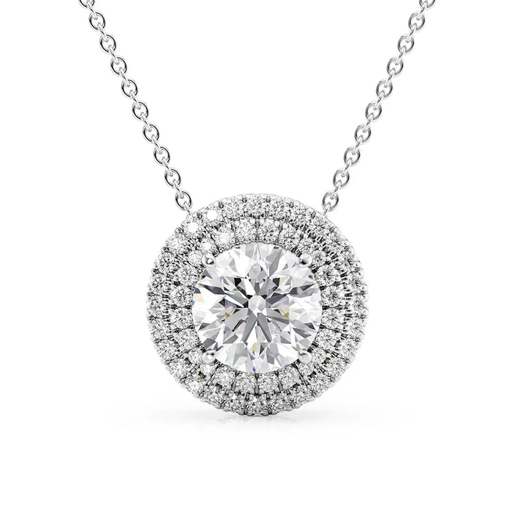 Double Halo Moissanite Round Cut Pendant