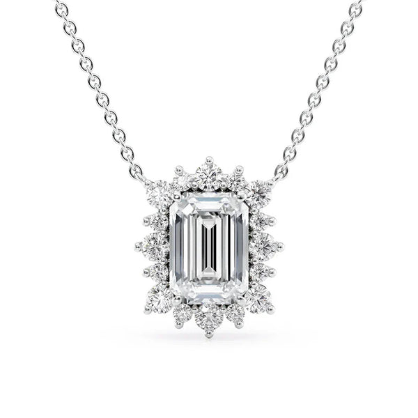 Emerald Cut VVS1 Moissanite Halo Pendant Gift For Her