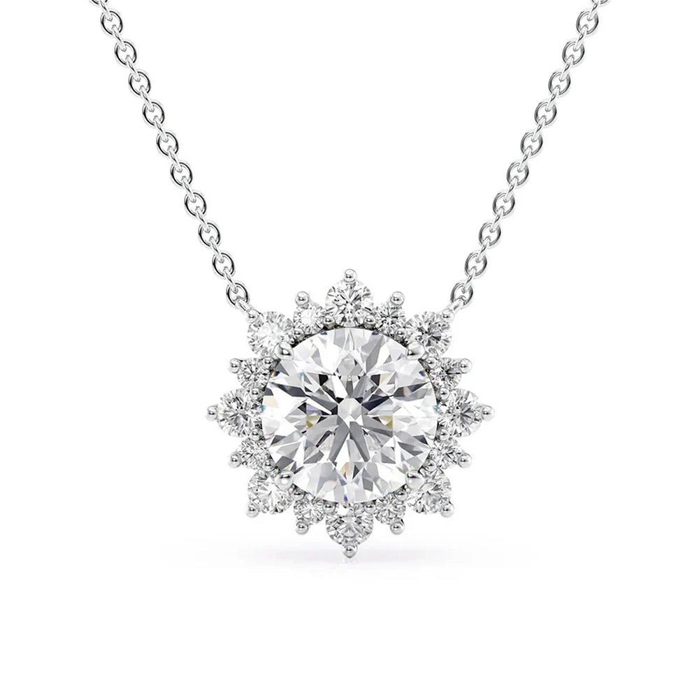 Round Cut Sunflower Halo Pendant