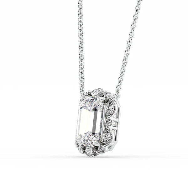 Colorless Moissanite Emerald Cut Unique Halo Pendant